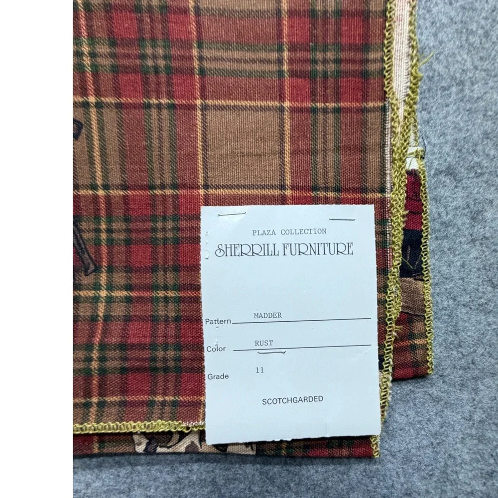 Vintage Sherrill Furniture Madder Rust Equestrian Fox Hunt Plaid Fabric Sample